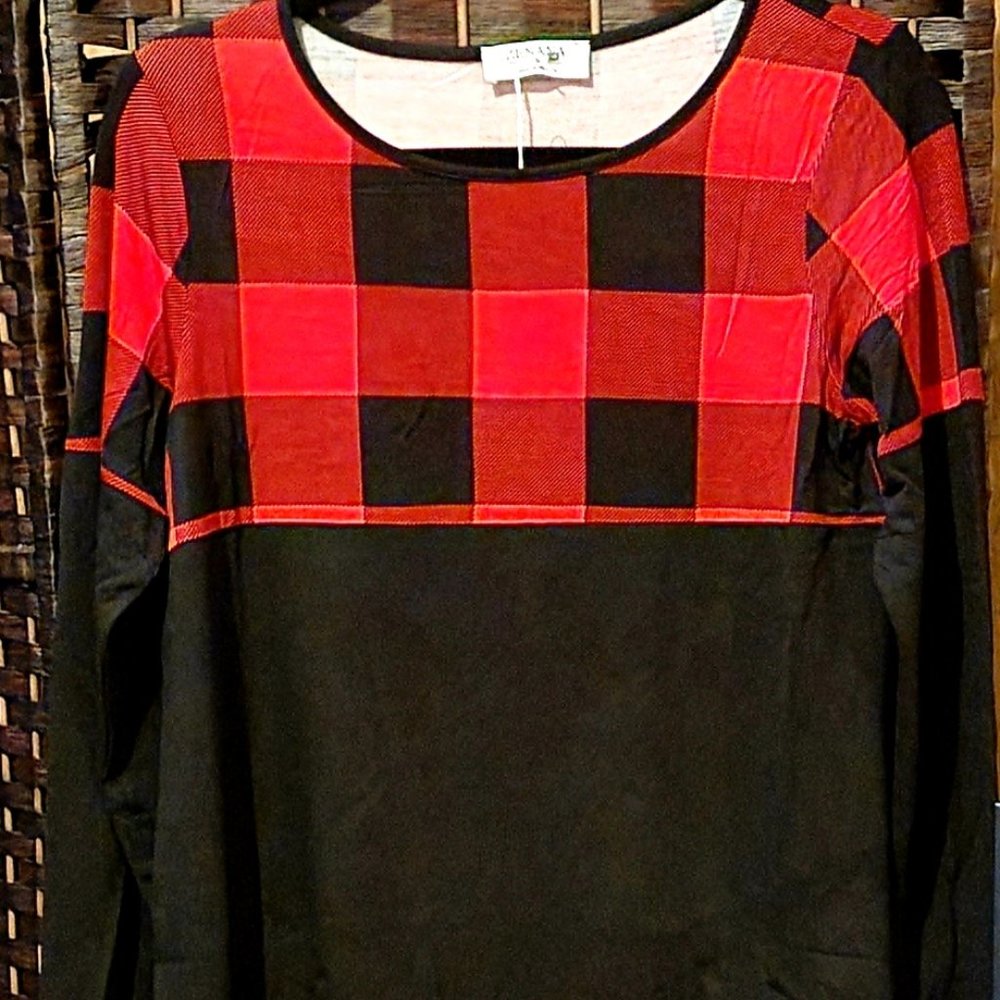 Black Plaid Color Block Long Sleeve Top